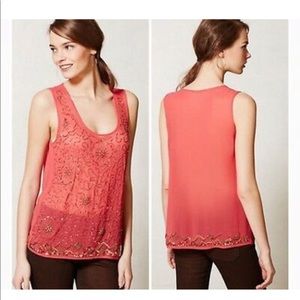 Anthropology Coral Beaded Embellished Top